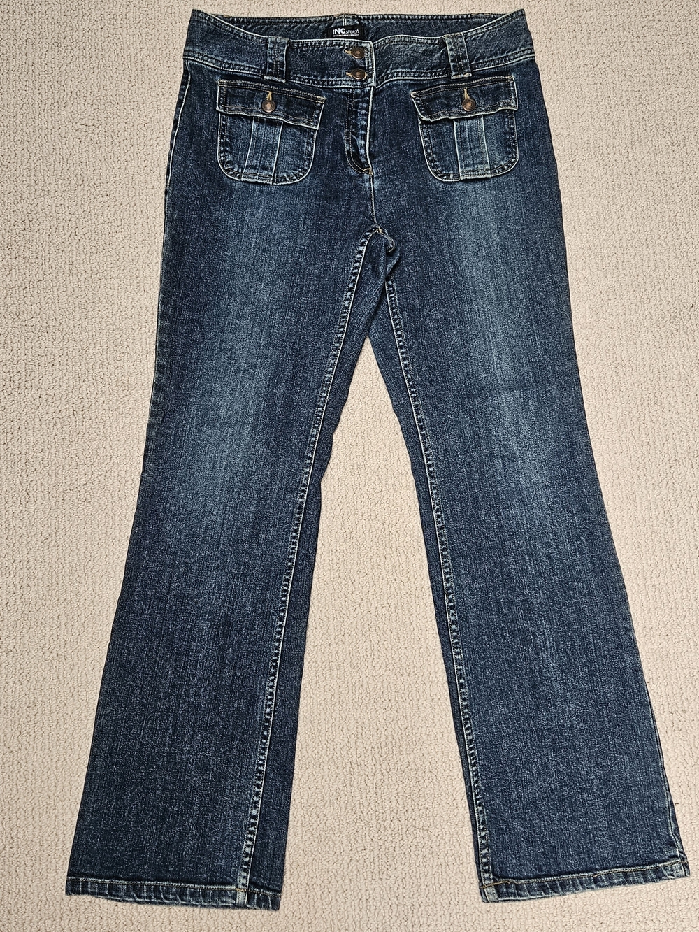 INC Stretch Y2K Flap Pocket Flared Jeans Womens Size 12 Dark Wash Double Button